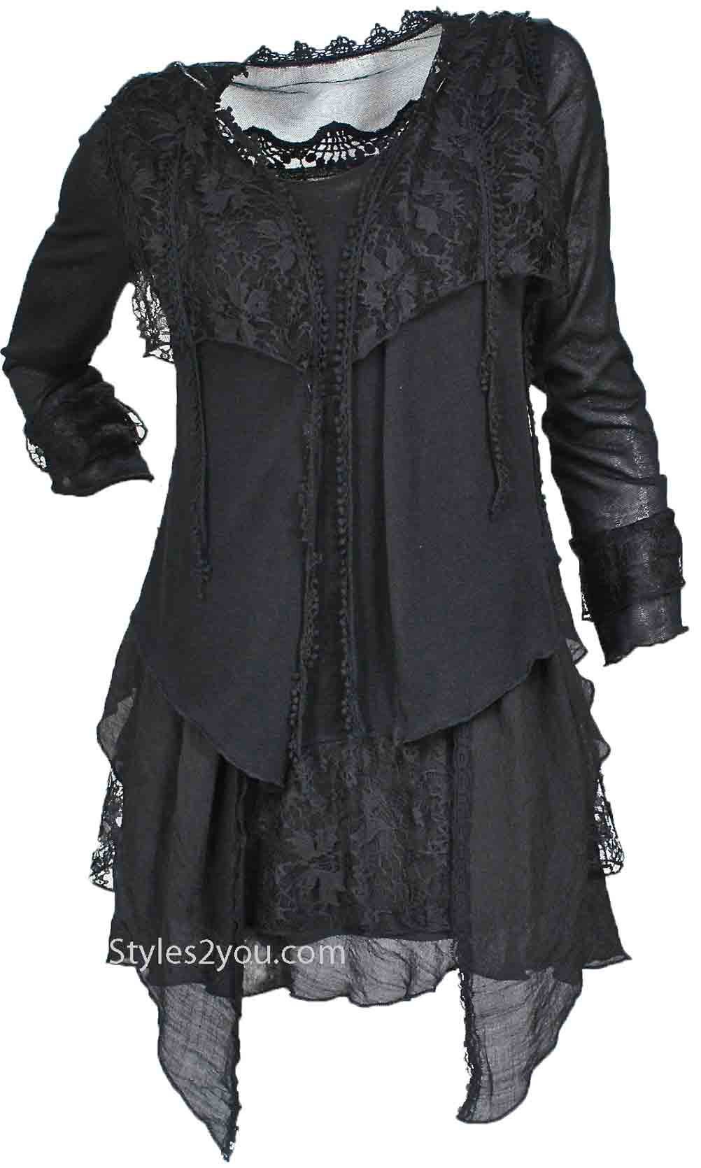 Rain Ladies PLUS SIZE Layered Vintage Victorian Blouse In Black