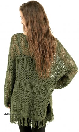 Rainey Oversized Bohemian Sweater With Fringe Olive Monoreno Top