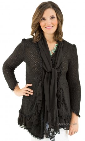 Phoebe Ladies Layered Sweater Cardigan In Black Pretty Angel Top