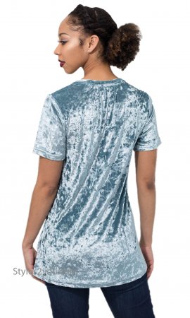 Jen Crushed Velvet Short Sleeve Tee with Deep V-neck Blue Sage