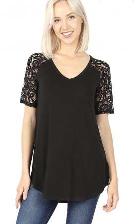 Nisi Short Lace Sleeve V-Neck Shirt In Black [AT5554S BLACK Zenana Lace ...
