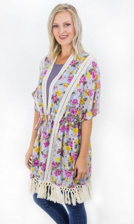 Avery Ladies Floral Printed Kimono Crochet Trim & Fringe Gray [ET7485 ...