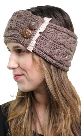 Knit Headband With Lace Ruffles In Brown