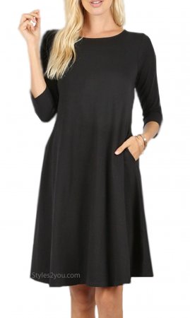 Dayna 3/4 Sleeve Cotton Dress With Pockets In Black