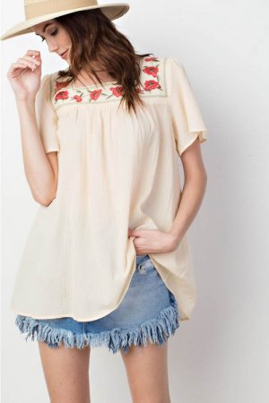 Pascha Boho Floral Embroidered Cotton Gauze Tunic In Natural