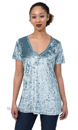 Jen Crushed Velvet Short Sleeve Tee with Deep V-neck Blue Sage