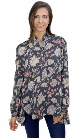 Roseanne Cotton Floral Print Button Up Blouse Charcoal Easel Top