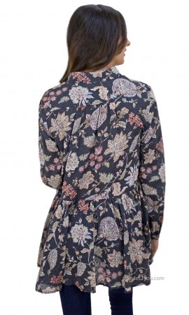 Roseanne Cotton Floral Print Button Up Blouse Charcoal Easel Top