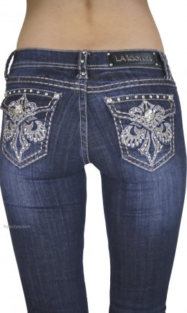 Ladies Rhinestone Embroidered Bootcut Denim Jeans LA Idol Jeans