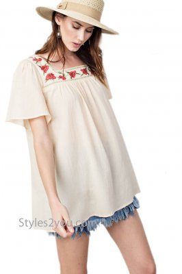 Pascha Boho Floral Embroidered Cotton Gauze Tunic In Natural