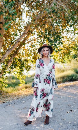 Jolene Floral Ruffle Side Wrap Maxi Dress In Natural
