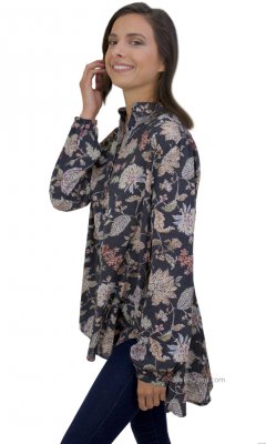 Roseanne Cotton Floral Print Button Up Blouse Charcoal Easel Top