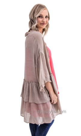 Idaho Long Open Ruffle Cardigan Half Sleeves In Mushroom [ET3297 ...