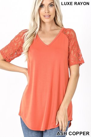 Nisi Short Lace Sleeve V-Neck Shirt In Ash Copper