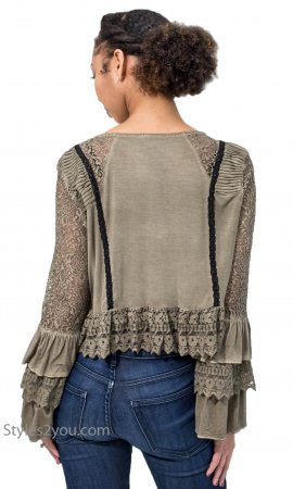 Piper Lace Bolero With Tiered Ruffle Sleeve Vintage Wash Moss