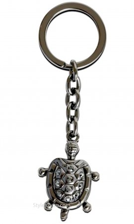 Turtle Keychain In Gun Metal With Emerald Swarovski Crystals