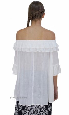 Reedley Textured Bell Sleeve Off Shoulder Loose Fit Blouse White