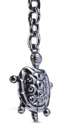 Turtle Keychain In Gun Metal With Emerald Swarovski Crystals