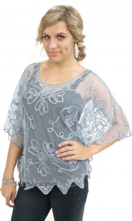 Reina Ladies Western Vintage Victorian All Lace Top In Blue