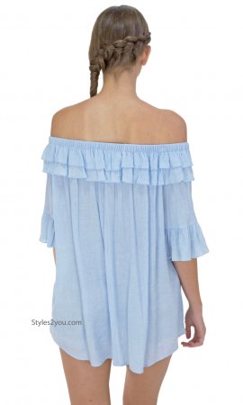 Reedley Textured Bell Sleeve Off Shoulder Loose Fit Blouse Blue