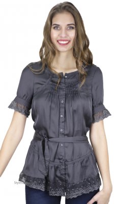 Meeka Ladies Short Sleeve Classic Blouse In Dark Gray