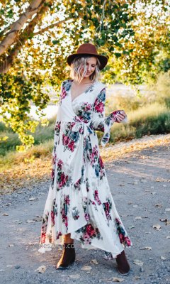 Jolene Floral Ruffle Side Wrap Maxi Dress In Natural