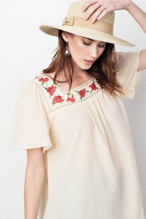 Pascha Boho Floral Embroidered Cotton Gauze Tunic In Natural