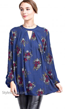 Pekin Oversized Printed Tunic With Mock Neck Keyhole In Navy