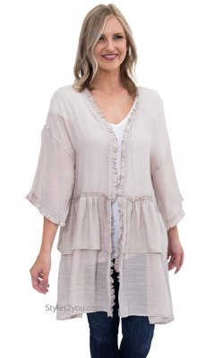 Idaho Long Open Ruffle Cardigan Half Sleeves In Natural Easel [ET3297 ...