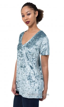 Jen Crushed Velvet Short Sleeve Tee with Deep V-neck Blue Sage