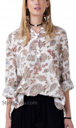 Roseanne Cotton Floral Print Button Up Blouse In Off White Easel