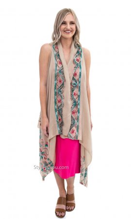 Steffanie Embroidered Sleeveless Cardigan Scarf Shawl Carmel ...