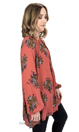 Pekin Oversized Printed Tunic With Mock Neck Keyhole In Coral