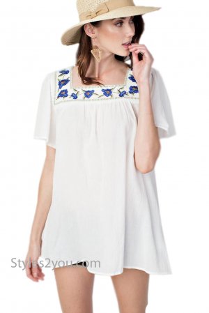 Pascha Boho Floral Embroidered Cotton Gauze Tunic In Off White