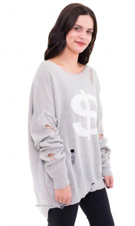 Dollar Long Sleeve Oversize Distressed Knit Sweater In Gray