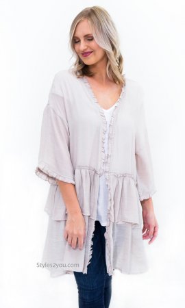 Idaho Long Open Ruffle Cardigan Half Sleeves In Natural Easel [ET3297 ...