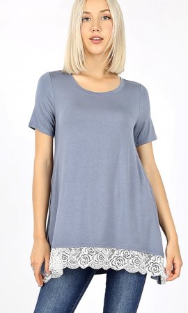 Sky Short Sleeve Top with Lace Hi Low Lace Hem In Cement