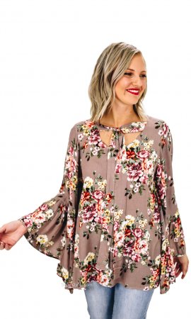 Deja Easel Flowy Blouse With Tie And Bell Sleeves In Mushroom [ET8229 ...