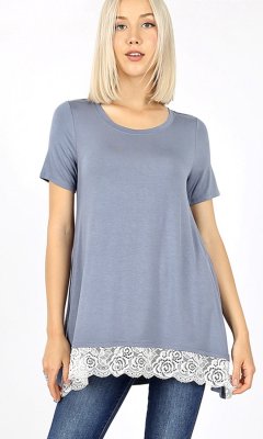 Sky Short Sleeve Top with Lace Hi Low Lace Hem In Cement
