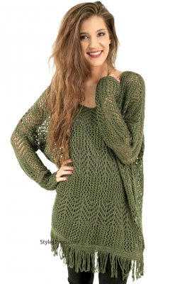 Rainey Oversized Bohemian Sweater With Fringe Olive Monoreno Top