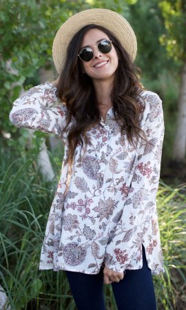 Roseanne Cotton Floral Print Button Up Blouse In Off White Easel