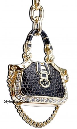 Handbag Rhinestone Keychain In Black & Gold