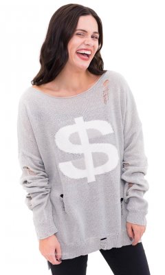 Dollar Long Sleeve Oversize Distressed Knit Sweater In Gray