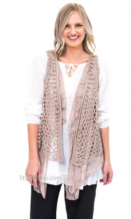 Jayden Sleeveless Layered Crochet & Lace Vest In Mushroom [ET9343 ...