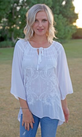 Quinn Ladies Embroidered 3/4 Sleeve Blouse White Sacred Threads