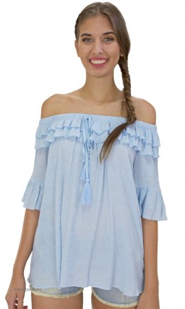 Reedley Textured Bell Sleeve Off Shoulder Loose Fit Blouse Blue