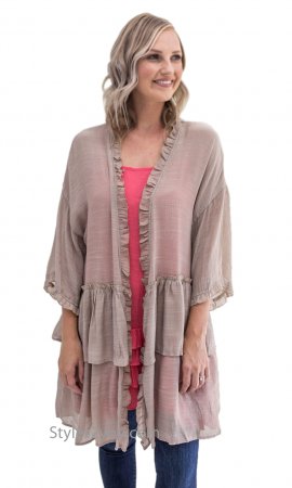 Idaho Long Open Ruffle Cardigan Half Sleeves In Mushroom [ET3297 ...