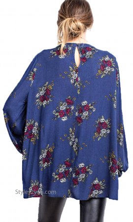 Pekin Oversized Printed Tunic With Mock Neck Keyhole In Navy