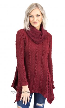 Tegan Ladies Cable Knit Sweater Shirt Dress In Burgundy [ALKS10962BU ...