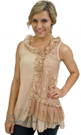 Penelope Ladies Sleeveless Victorian Tunic In Brown & Carmel